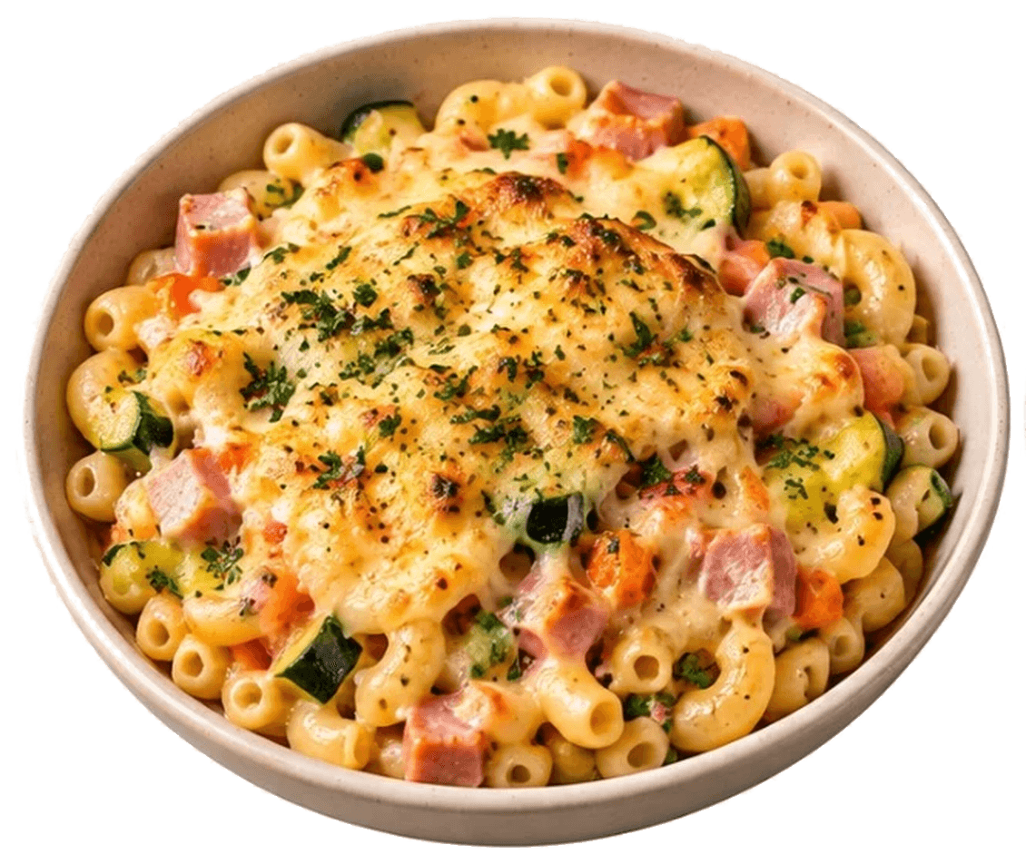Gratin de coquillettes, au jambon & légumes